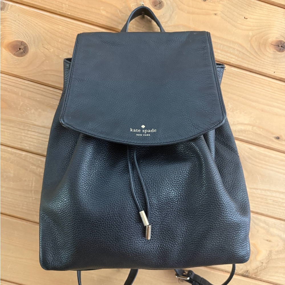 Kate Spade Black Pebbled Leather Drawstring Backpack